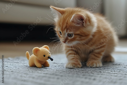 Curious ginger kitten observing small toy mouse on rug