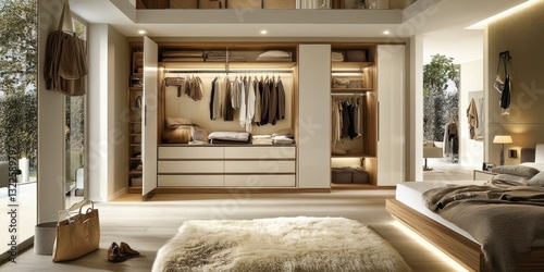 A modern bedroom with a walk in closet and bed