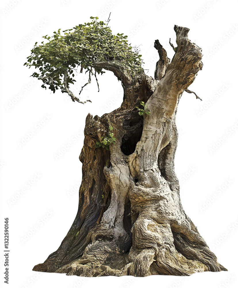 Ancient tree with twisted trunk and sparse foliage on white background Ancient tree with twisted trunk and sparse foliage on white background