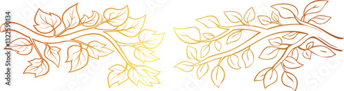 set if Elegant golden color Branch with Green Leaves Line Art Vector Design for Nature and Botanical Art