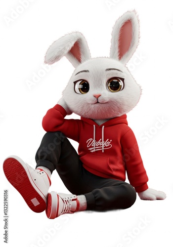 Cute animated rabbit character in casual red hoodie.

