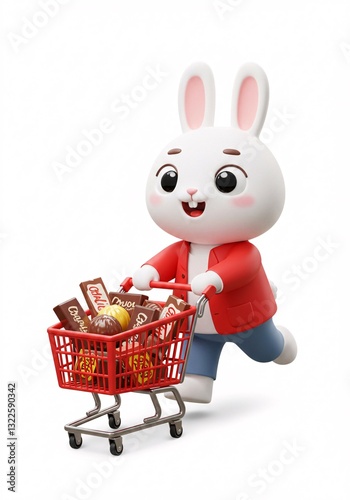 Adorable Bunny Character Pushes Shopping Cart Full Sweets.

