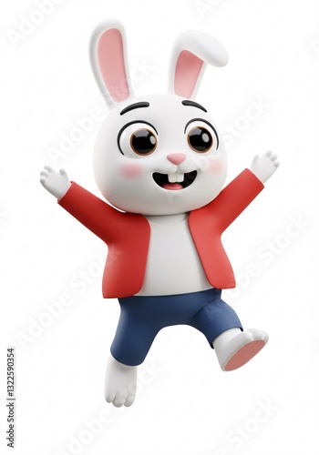 Cute white rabbit character, happy 3D mascot.

