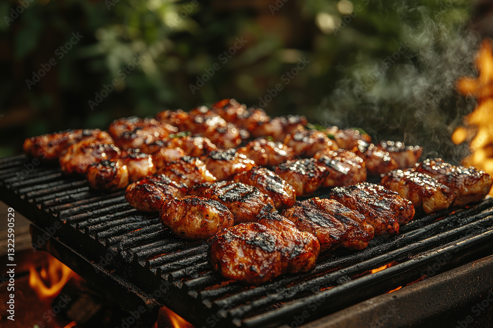 the process of cooking shashlik on the grill. Appetizing pieces of meat with a crispy fried crust lie on hot grates, above which aromatic smoke rises. the process of cooking shashlik on the grill. Appetizing pieces of meat with a crispy fried crust lie on hot grates, above which aromatic smoke rises.