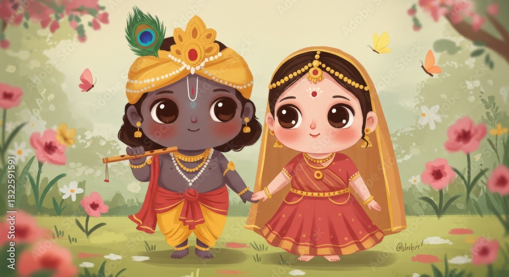 Fototapeta premium A stunning portrayal of Radha and Krishna in traditional Indian attire, surrounded by blooming flowers and fluttering butterflies.