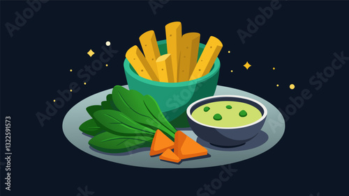 In the darkness of the night a plate of cheesy nachos crisp vegetable sticks and a warm spinach and artichoke dip beckons.. Vector illustration