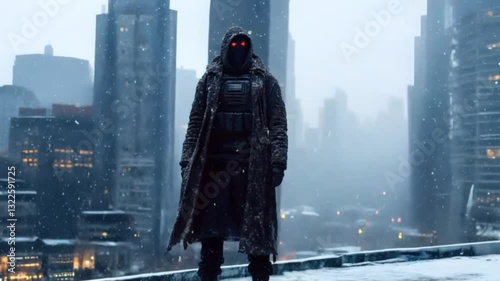 A mysterious figure in a long coat stands on a snowy rooftop, glowing red eyes piercing through the cold. Towering skyscrapers surround the scene, as snowfall adds to the eerie, futuristic atmosphere.