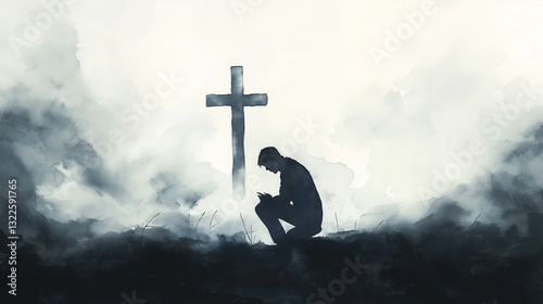 Man Pray cross worship faith devotion supplication intercession. Thanksgiving meditation fasting reverence petition holy spirit. Blessing grace forgiveness repentance praise adoration confession.