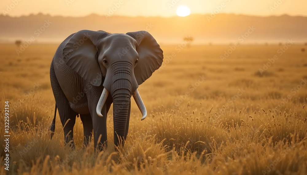 Obraz premium Majestic African Elephant Silhouetted Against A Breathtaking Golden Sunset, Calmly Traversing The Serene Savanna Grasslands