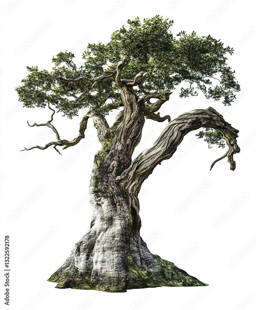 Ancient tree with twisted branches and lush foliage on white background Ancient tree with twisted branches and lush foliage on white background