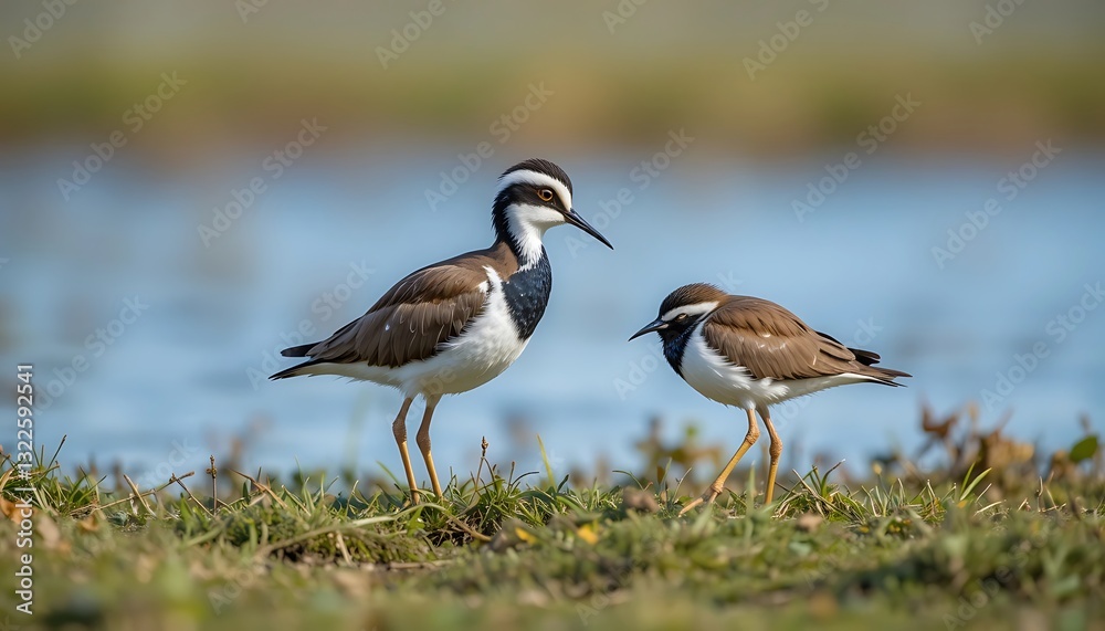 Pair of Wading Birds Foraging Near a Water Source on Grassland Pair of Wading Birds Foraging Near a Water Source on Grassland