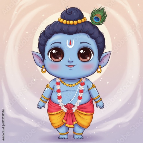 A joyful depiction of a youthful Hindu god in vibrant hues and whimsical designs.