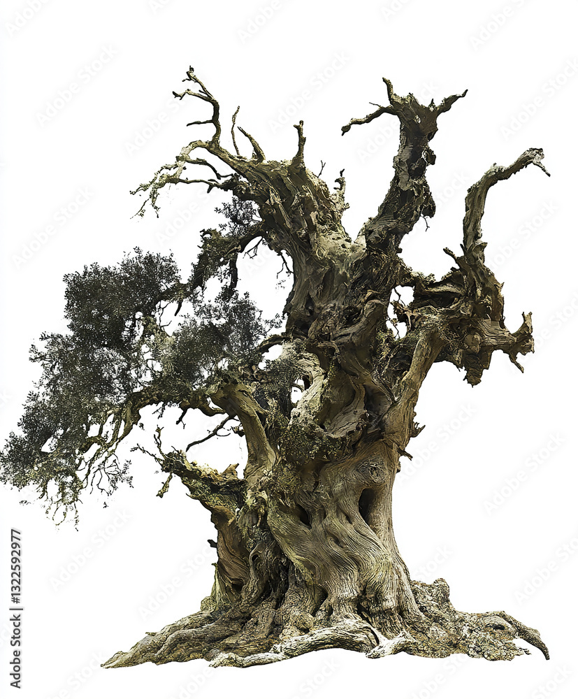 Ancient tree with twisted branches and textured bark on white background Ancient tree with twisted branches and textured bark on white background