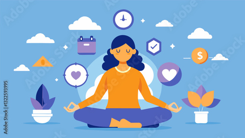 Each meditation session is accompanied by gentle reminders to focus on the present moment and let go of distractions.. Vector illustration