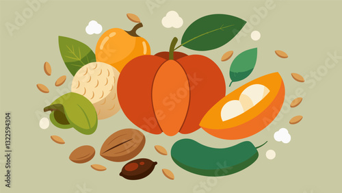 Dive into the rich and diverse flavors of this nut and seed sampler with savory cashews sweet almonds earthy pumpkin seeds and nutty quinoa.. Vector illustration