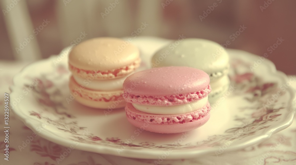 Obraz premium Three Colorful Macarons Resting On A Decorated Ceramic Plate