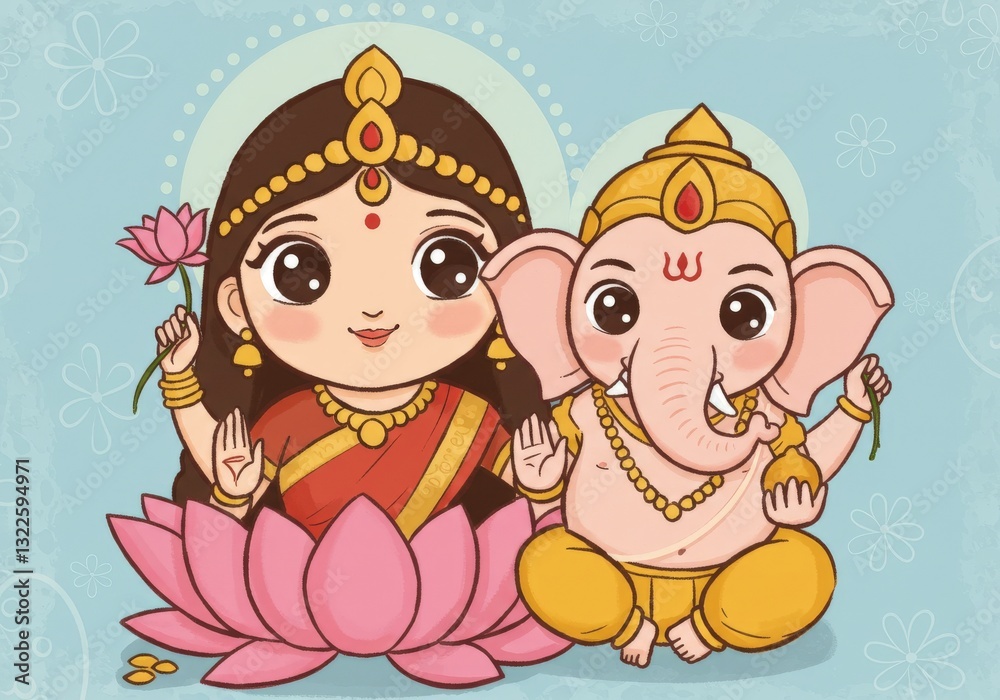A vibrant Diwali celebration featuring Goddess Lakshmi blessing alongside Lord Ganesha, symbolizing prosperity and wisdom. A vibrant Diwali celebration featuring Goddess Lakshmi blessing alongside Lord Ganesha, symbolizing prosperity and wisdom.