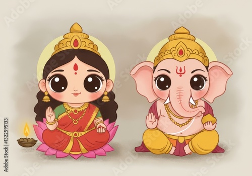 Lord Ganesh with his elephant head stands beside Goddess Lakshmi in their divine abode.