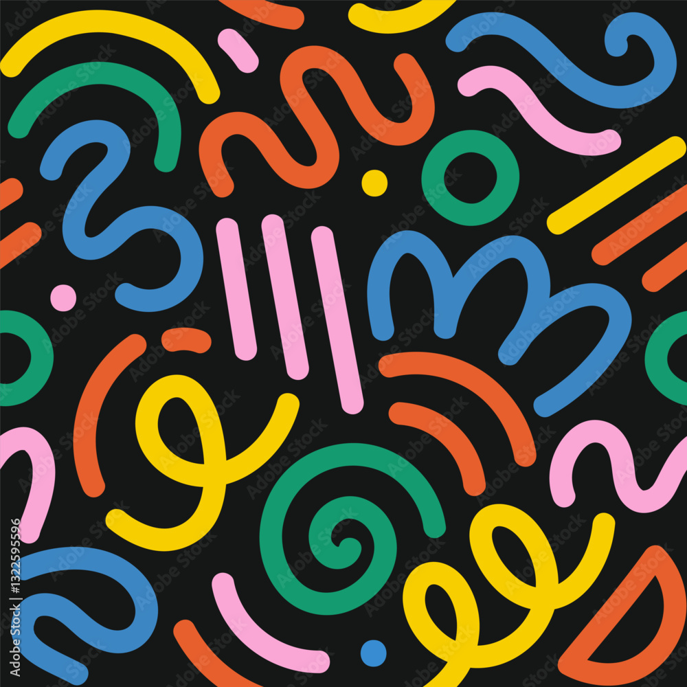 Memphis geometric seamless pattern. Multicolor abstract background in retro 80s, 90s style with various shapes: circles, semicircles, dots, zigzags, spirals, wavy lines. Cute kid doodle design.	
