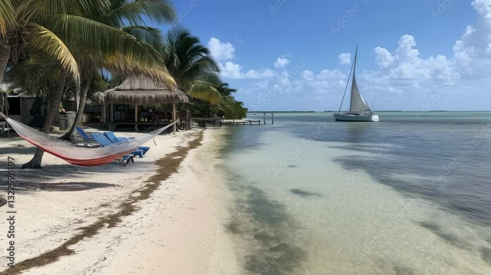 Tranquil Beach Scene with Sailboat and Hammock Tranquil Beach Scene with Sailboat and Hammock