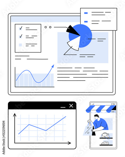 Dashboard with pie chart, line graph, and checklist, e-commerce checkout on phone screen. Ideal for analytics, reporting, online shopping, business themes, data visualization marketing flat simple