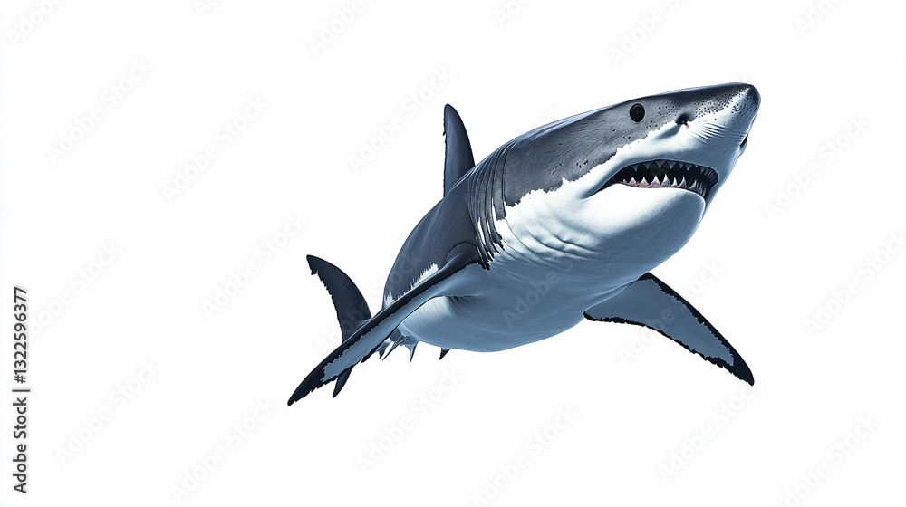 Obraz premium Great white shark emerging on white background