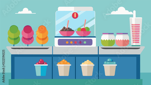 Indulge in a guiltfree dessert at the Frozen Yogurt Parfait Station with options like lowfat yogurt and sugarfree toppings.. Vector illustration