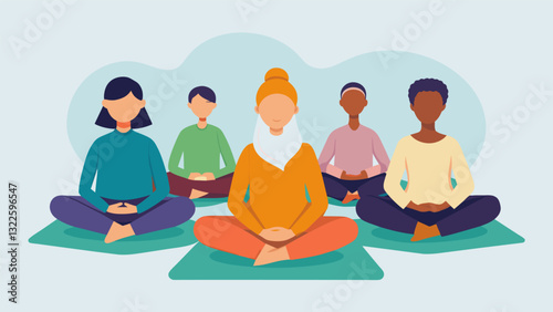 The attendees sat crosslegged on cushions their eyes closed and their minds focused on the present moment awaiting the start of the ceremony.. Vector illustration