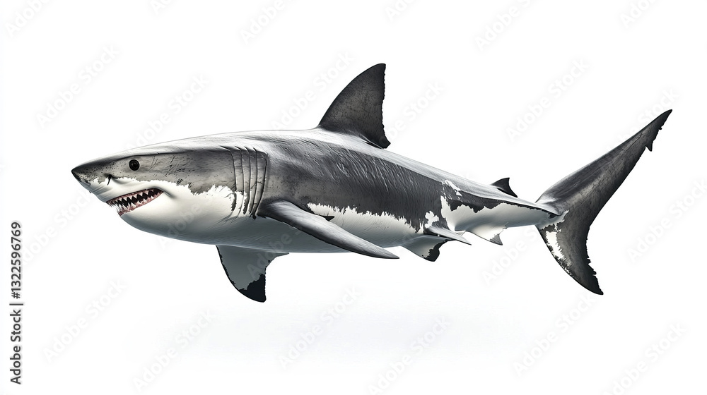 Fototapeta premium Great white shark emerging on white background