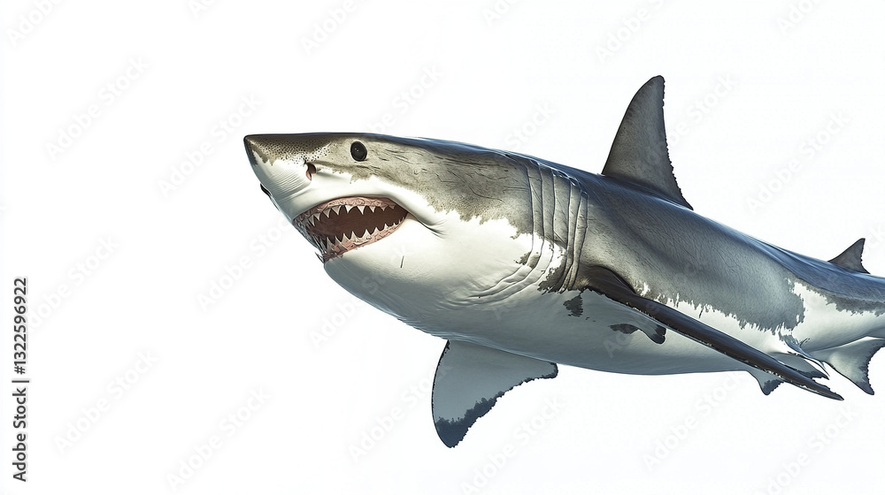 Fototapeta premium Great white shark emerging on white background