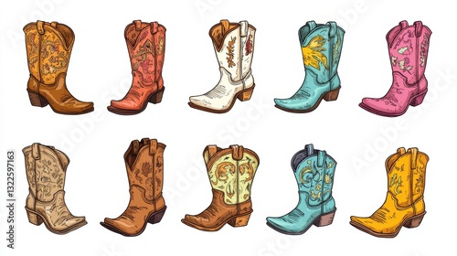 Cowboy boots. Different ornaments. Wild West Clipart icons. Hand drawn colored Vector set. Elements are isolated .Cowboy western theme, wild west, Texas. Sheriff Horse Ranch . Hand drawn illustration