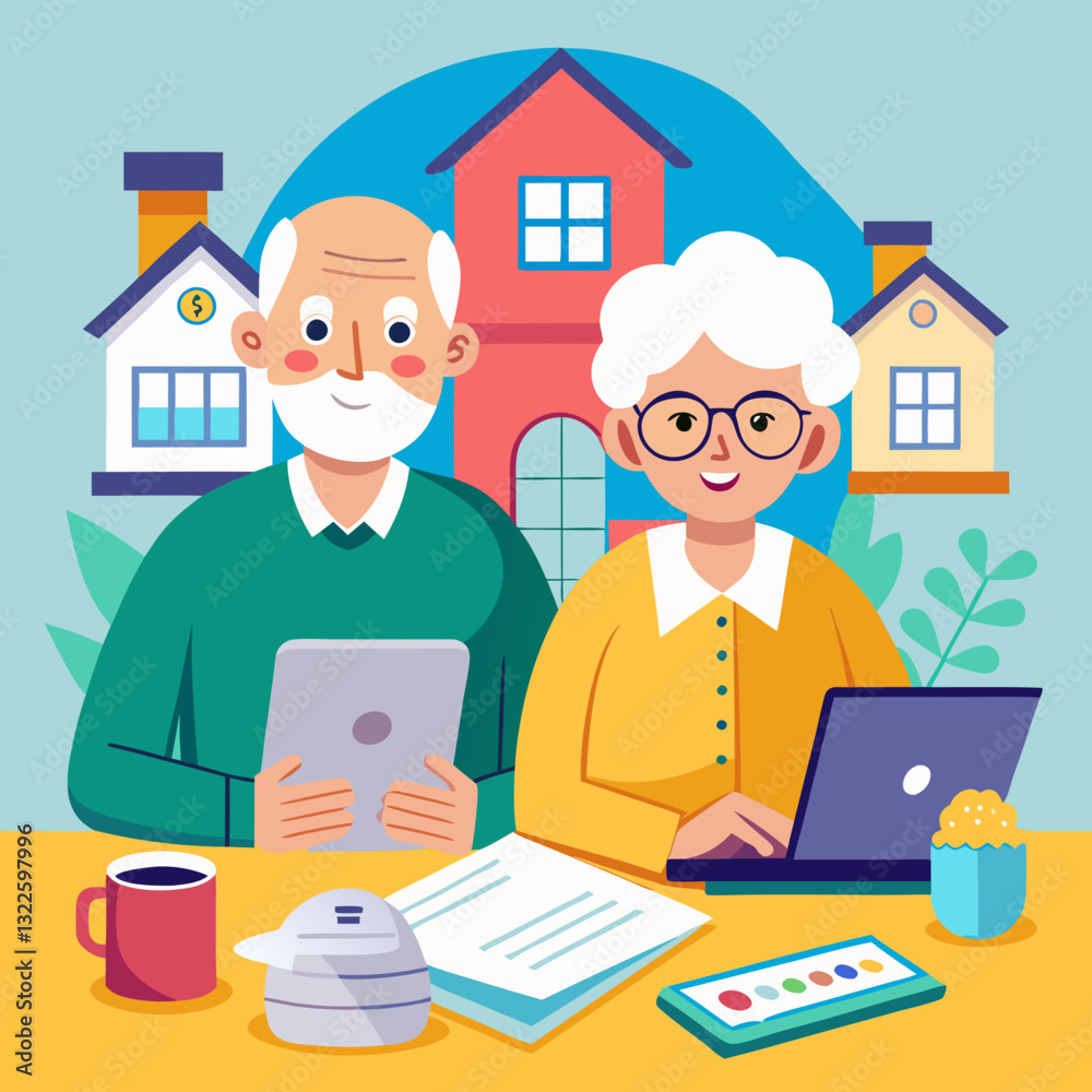 Cartoon illustration of a real estate agent working on a laptop with a house in the background Cartoon illustration of a real estate agent working on a laptop with a house in the background