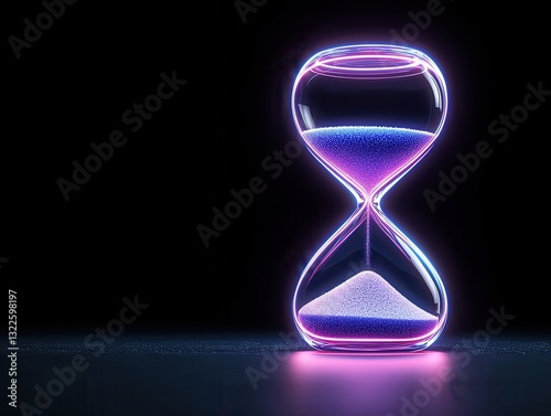 A glowing hourglass with vibrant purple and blue sand against a dark background