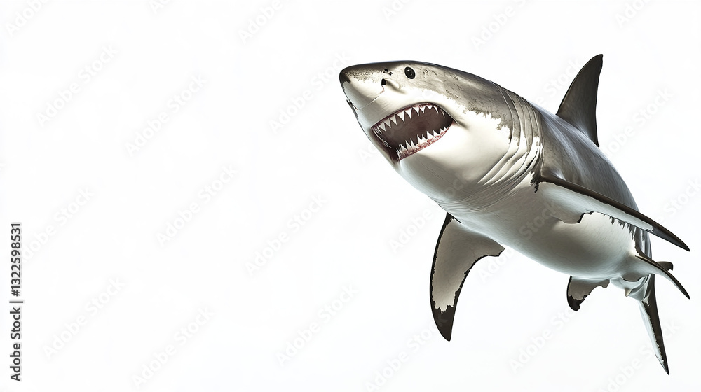 Fototapeta premium Great white shark emerging on white background