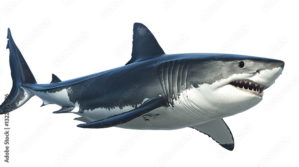 Fototapeta premium Great white shark emerging on white background