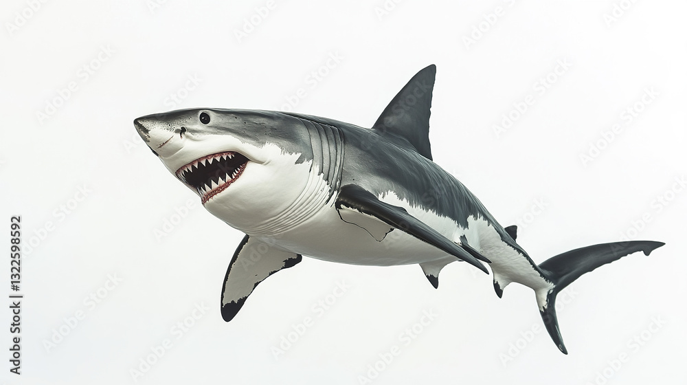 Fototapeta premium Great white shark emerging on white background