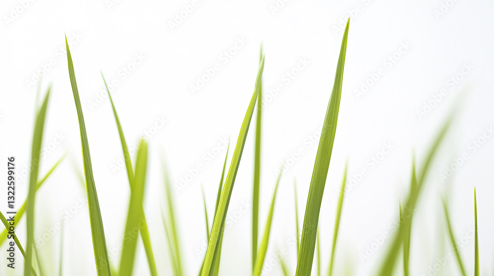 Vibrant green grass blades in sharp focus against white background Vibrant green grass blades in sharp focus against white background