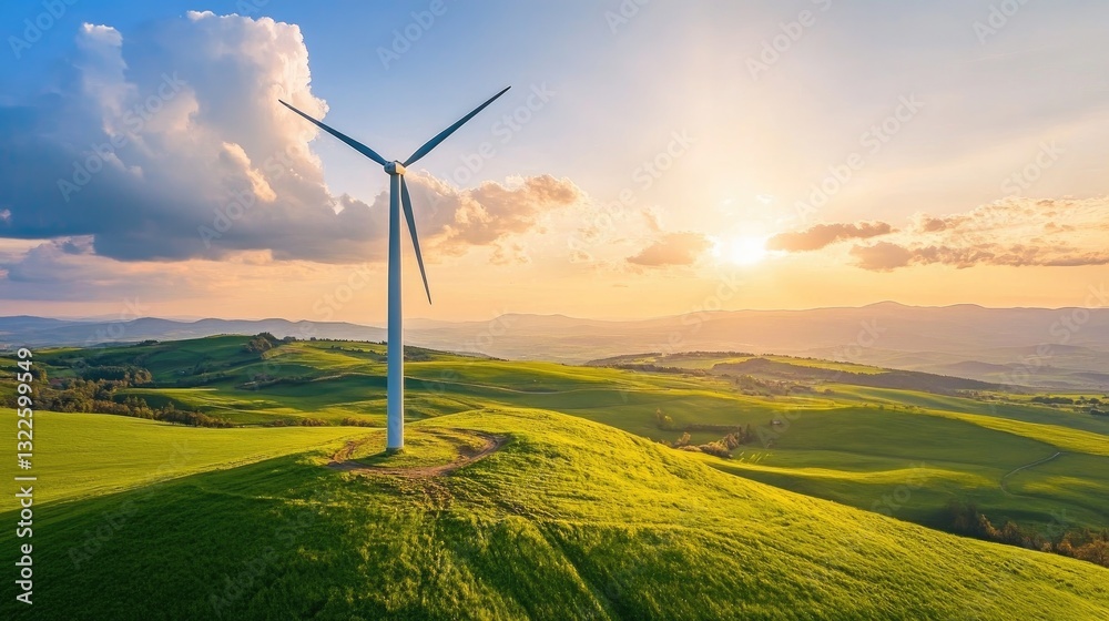 Obraz premium Sunset over rolling green hills with a wind turbine generating clean energy