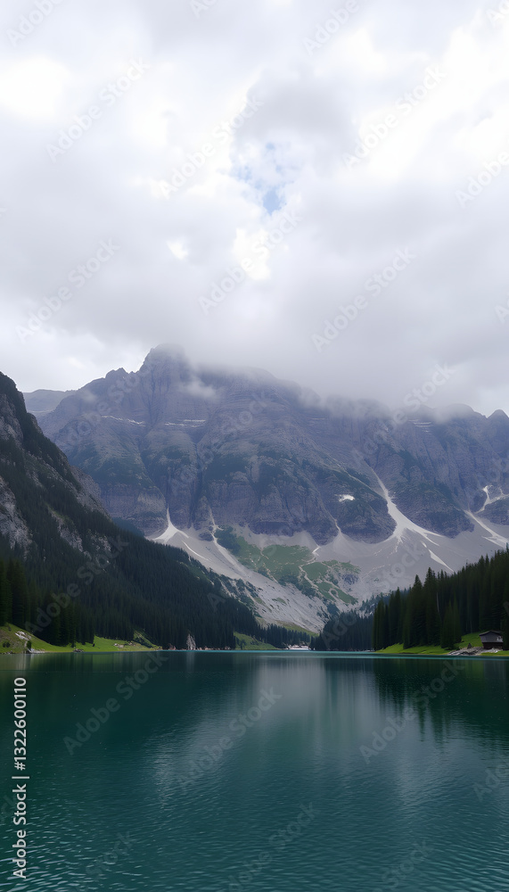 Karersee lake and the Latemar mountain group in a cloudy day, Dolomites, photo. with white shades Karersee lake and the Latemar mountain group in a cloudy day, Dolomites, photo. with white shades
