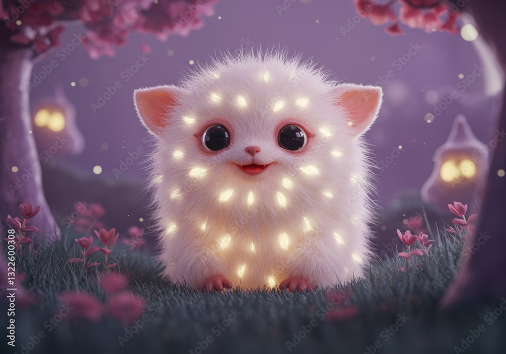 A whimsical scene featuring a cuddly kitten perched atop a fantastical meadow, emitting soft, radiant light. A whimsical scene featuring a cuddly kitten perched atop a fantastical meadow, emitting soft, radiant light.