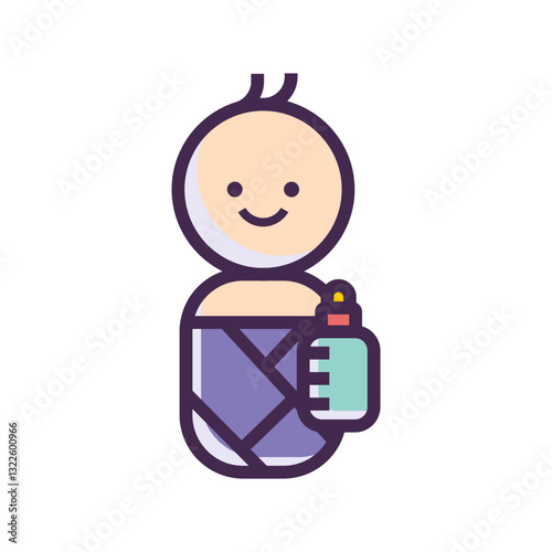 A Cherubic Baby Snuggled In A Purple Blanket, Happily Holding A Feeding Bottle, Radiating Warmth And Contentment In A Simple, Colorful Illustration