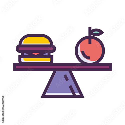 The Daily Dilemma A Juicy Burger Versus A Crisp Red Apple Balanced On A Simple Seesaw, Illustrated With Bold Lines And Vibrant Colors