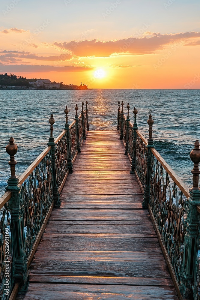 Obraz premium A serene sunset viewed from a wooden pier extending over tranquil waters.