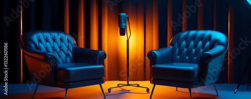 Interview Scene: A professional setting awaits, two plush chairs face each other, and a microphone stands ready, bathed in dynamic, dramatic lighting.