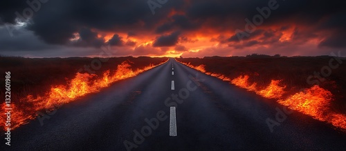 Road Through Fire Landscape with Dramatic Sky and Fiery Edges