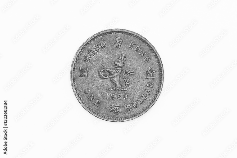 1980 One Hong Kong Dollar coin in black and white 1980 One Hong Kong Dollar coin in black and white