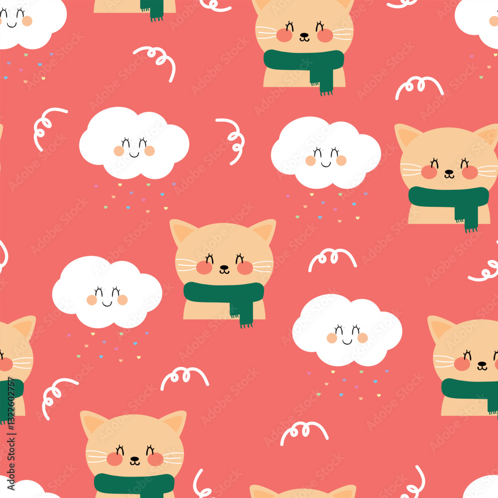 Fototapeta premium Seamless pattern cartoon cute cat wearing a green scarf and white clouds. cute wallpaper and animals background for gift wrap paper