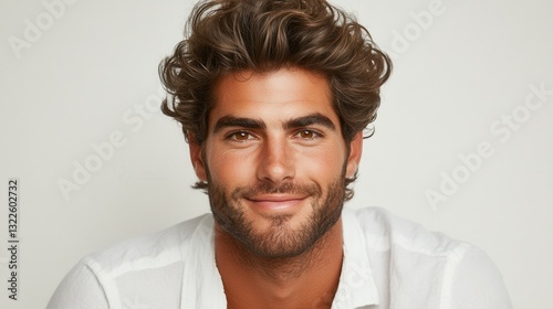 A young man with curly hair and a beard smiles charmingly while wearing a white shirt in a bright, neutral-toned environment, conveying warmth and friendliness