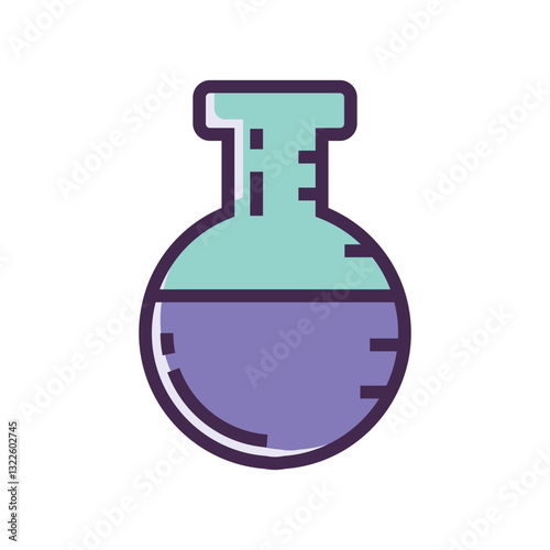 A Curious Scientists Potion Brewing, A Vibrant Purple Liquid Fills A Round Glass Flask Under Soft Light With Clean Line Art Style