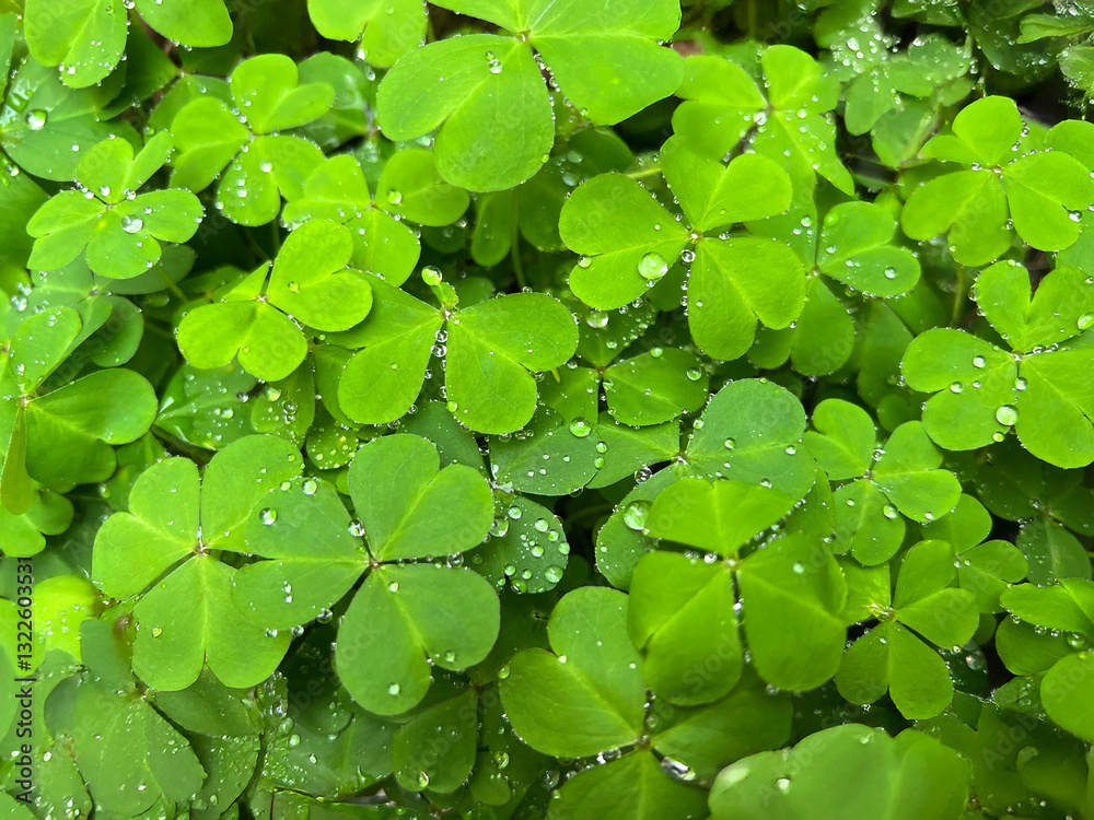 Close-up of vibrant green clover leaves with water droplets Close-up of vibrant green clover leaves with water droplets
